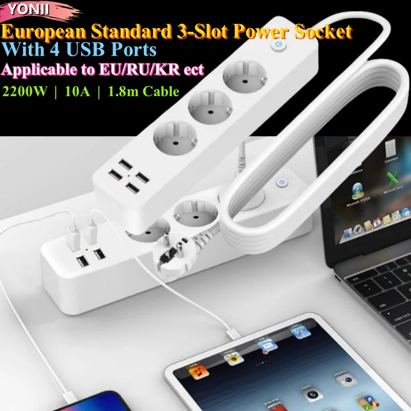 2200W European Standard 3 Slot Power Socket+4 USB Port Standard Grounded Power Strip 3 EU Plug Sockets With 1.8m Extension Cable