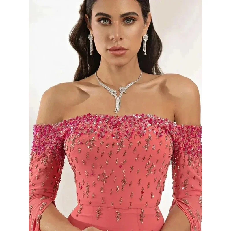 Customized Luxury Watermelon Red Sequined Beading Off The Shoulder Ribbons Woman Formal Wedding Guest Evening Prom Dresses Cockt