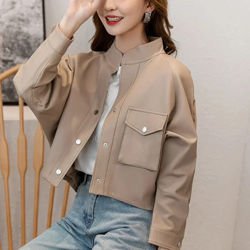 Sheepskin Soft Coat for Women Spring Autumn 2024 New Simple Solid Casual Loose-fit Batwing Sleeve Genuine Leather Jackets