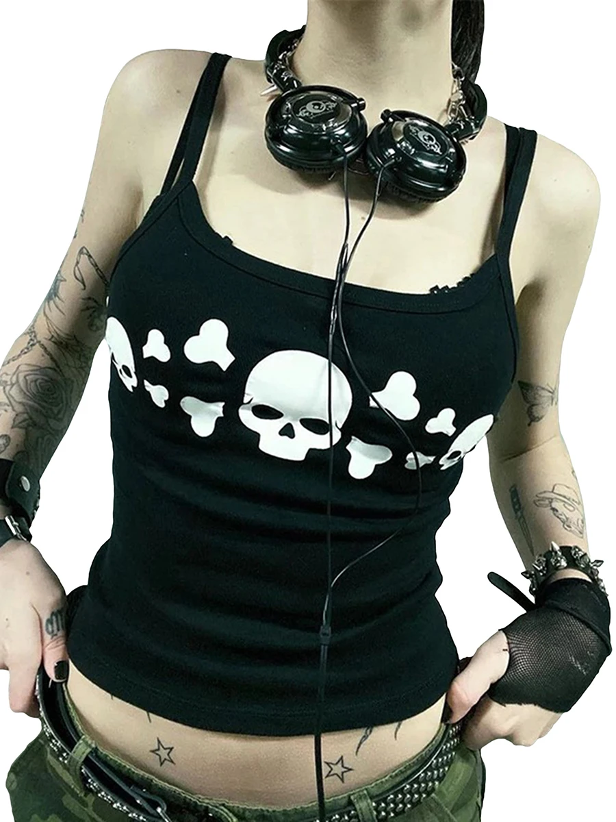 Women Goth Tank Tops Vintage Skull Print Backless Low Cut Camisoles Grunge Sleeveless Fit Shirt Streetwear