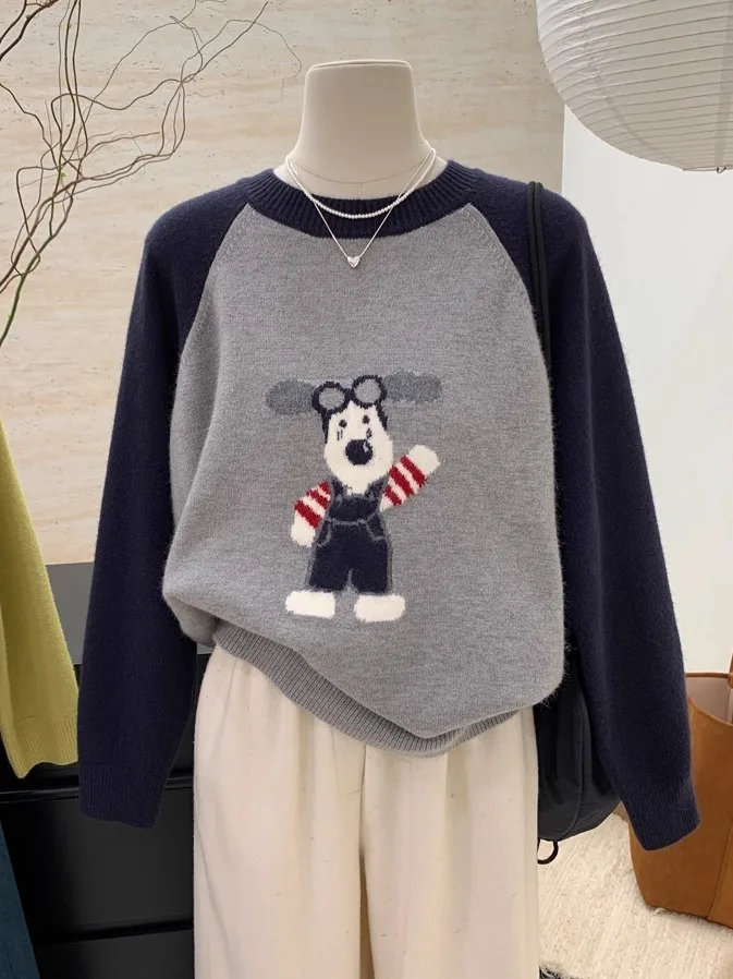 Cute Cartoon Dog Spliced Color Knitted Loose Sweater round Ne Long Sve Anti-pilling Autumn Winter Women's Faion Slimmi...