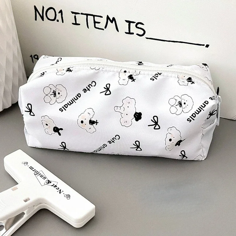 1PC Cute Cartoon Line Bear Printed Pen Bag Portable Large Capacity Pencil Case Stationery Bag Multi-function Storage Bag