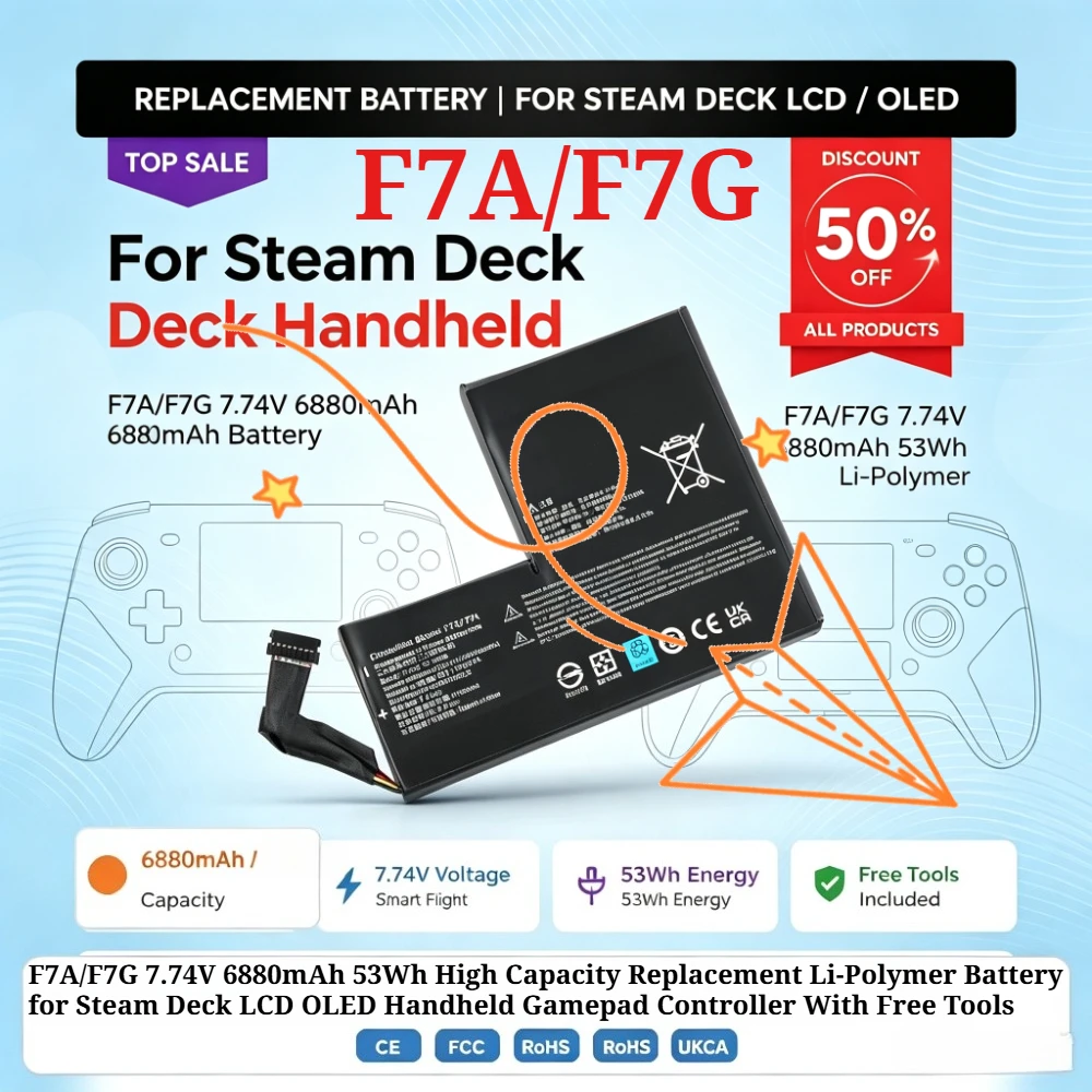 F7A/F7G 7.74V 6880mAh 53Wh High Capacity Replacement Li-Polymer Battery for Steam Deck LCD OLED Handheld Gamepad With Free Tools