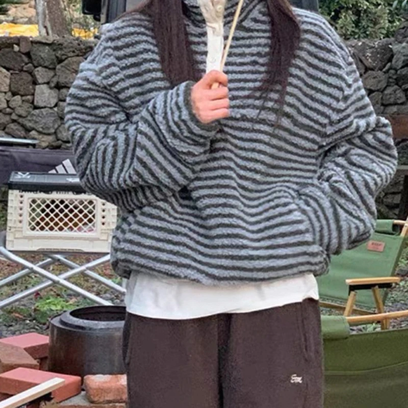 الكورية الصوف مخطط البلوز المرأة Harajuku Y2K كم طويل معطف دافئ رقيق فضفاض عادية الشارع سترة الموضة