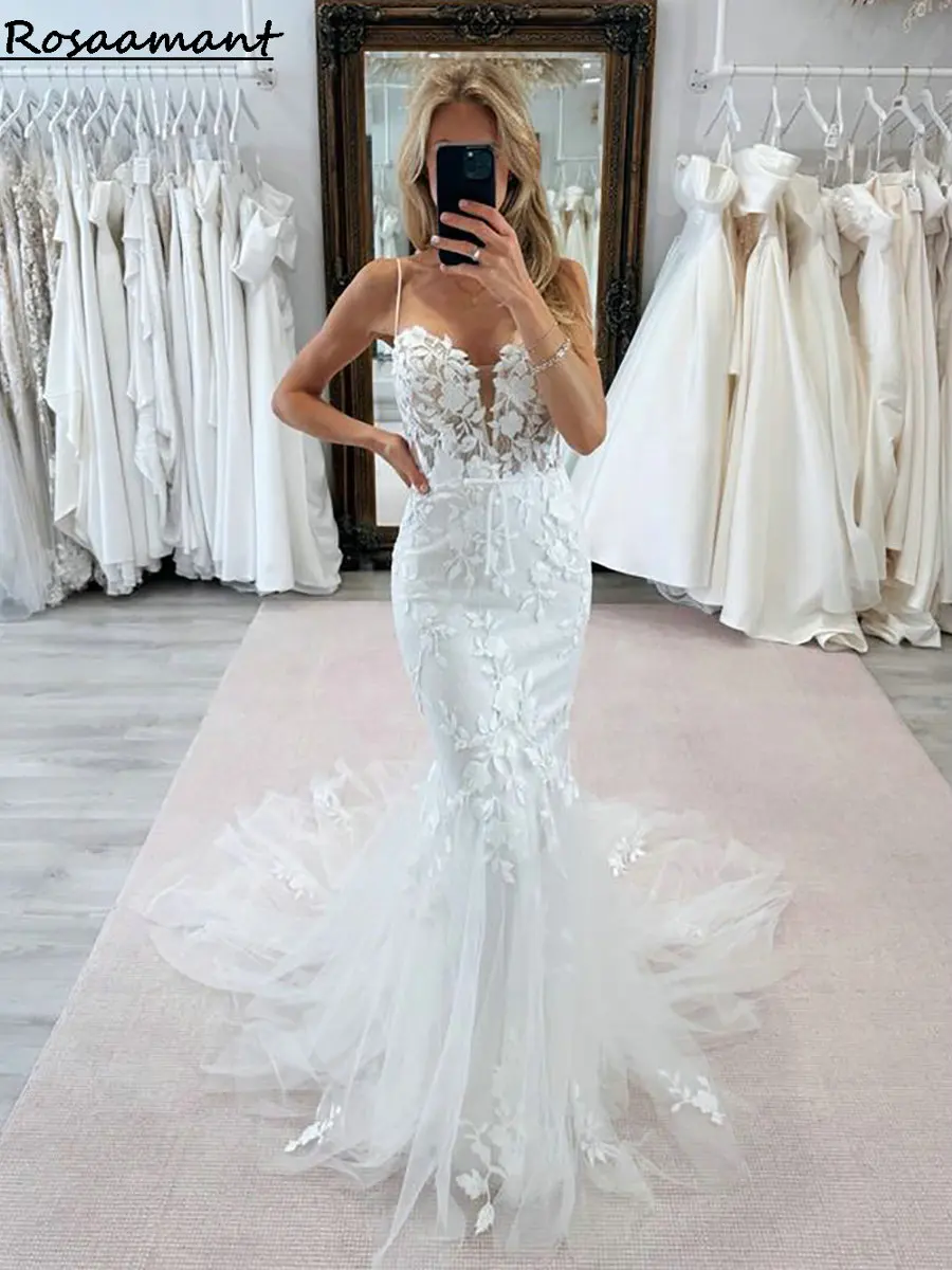 2024 Appliques floreali senza maniche pizzo sirena abiti da sposa Illusion Spaghetti Straps Boho Country abiti da sposa