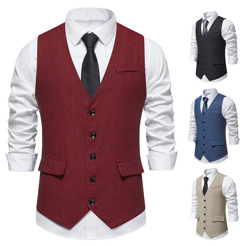 2024 Autumn New Retro Men's Single Breasted Casual Suit Vest Fashion V-neck Men's Vest