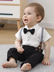 Baby Boy Gentleman's formal  Clothes Wedding Outfit Suits,  Infant Boy Summer Set, Dress Shirt+Vest+Suspender Pants+Bowtie