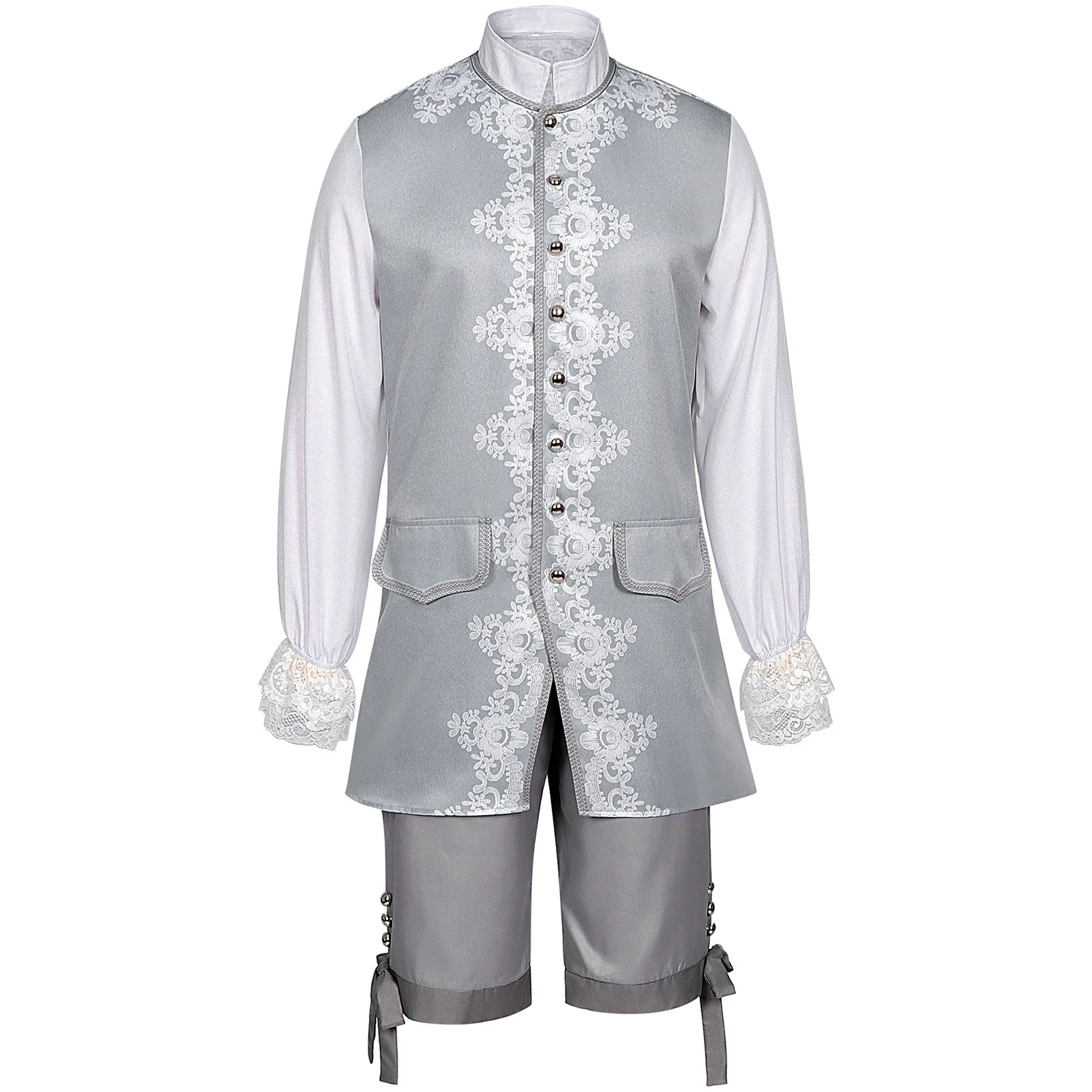 Herren Vintage Viktorianisches Edles Prinzenkostüm Grau-Weißer Jacquard-Stickmantel Mittelalterliches Königliches Cosplay Theater-Party-Faschingskostüm – Detail 6