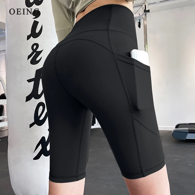 OEING Women Gym Shorts High Waist Lifting Push Up Tight Sports Cycling Leggings Phone Pocket Jogging Running Fitness Yoga Shorts