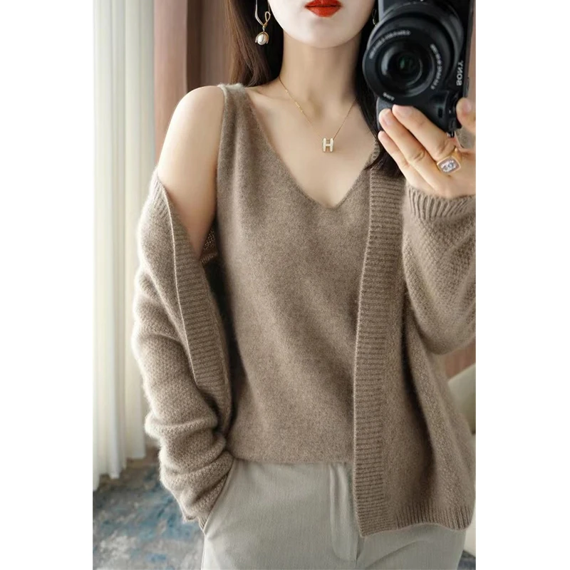 Casaco elegante de malha para mulheres, gola v simples, suéter solto, roupa de colete, colete monocromático, moda coreana, outono, inverno, conjunto