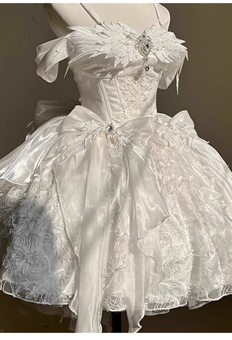 الحلو الحب حجر الراين ريشة الصناعة الثقيلة مساء فستان الأميرة فستان Jsk الباليه نمط أبيض قصير لوليتا فستان فتاة المرأة #4