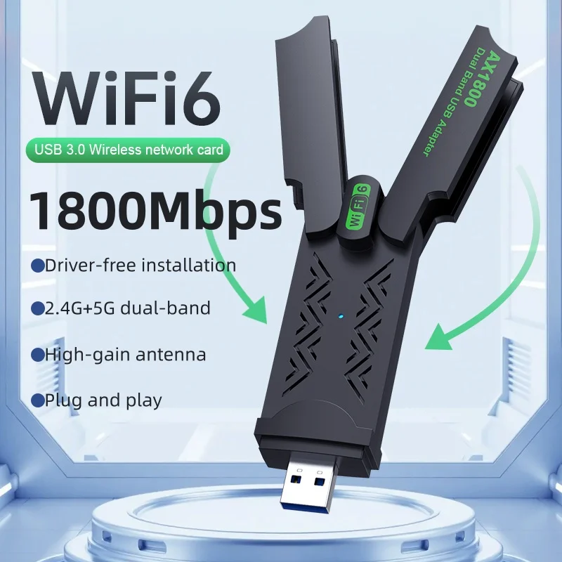 

1800Mbps USB3.0 Adapter Dual Band 2.4G/5GHz Wireless Network Card WiFi6 Driver Free Receiver for Windows XP/7/8/8.1/10/11 Laptop