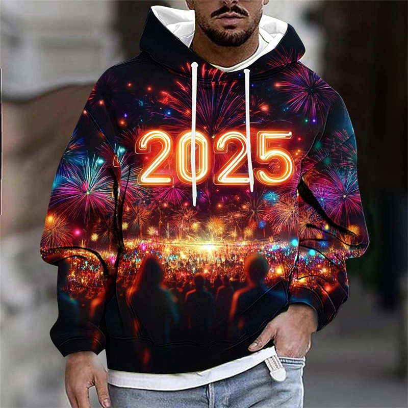 Happy New Year 2025 Hoodies Fashion Autumn Long Sleeve Trend 3D Fireworks Printed Sweatshirts Casual Streetwear Oversized Hooded