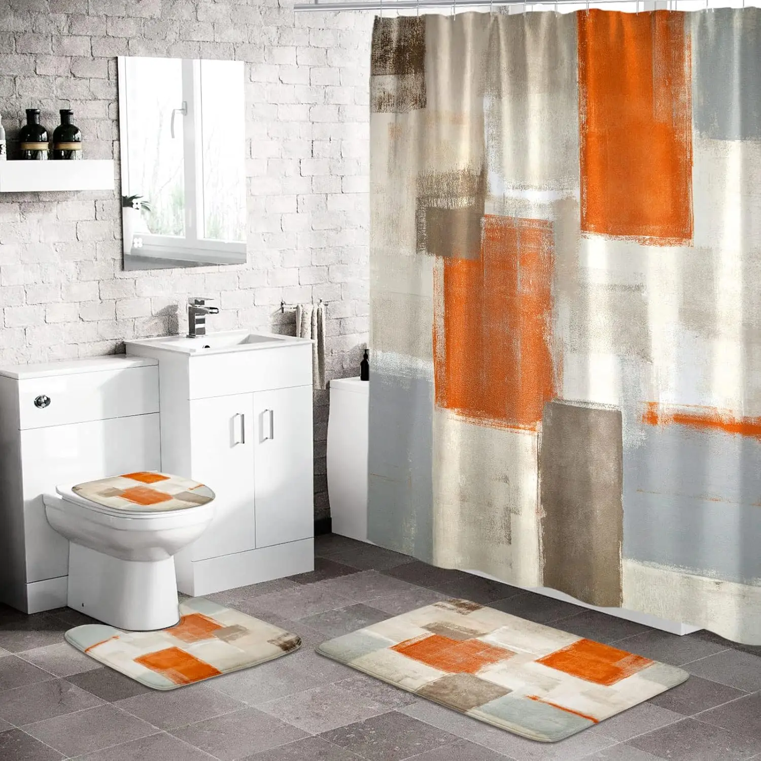 

4 pieces orange Ombre shower curtain with carpet, abstract gray bathroom suit with accessories, rustic Grunge curtain suit