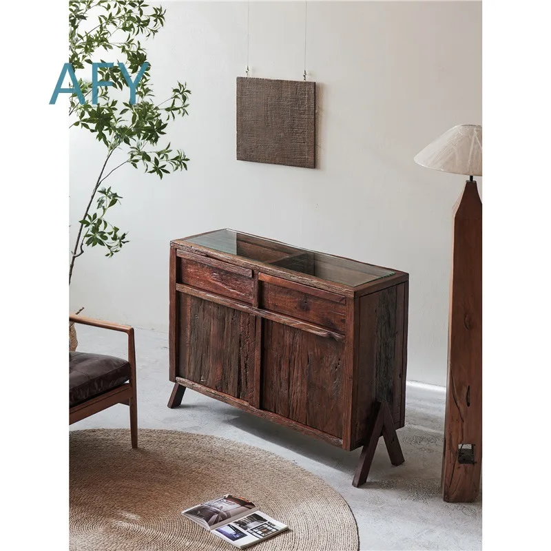 Wabi Sabi Solid Wood Vintage Display Cabinet for Living Room Bedroom Tea Room Cafe Hotel Rustic Mid Century Modern Sideboard