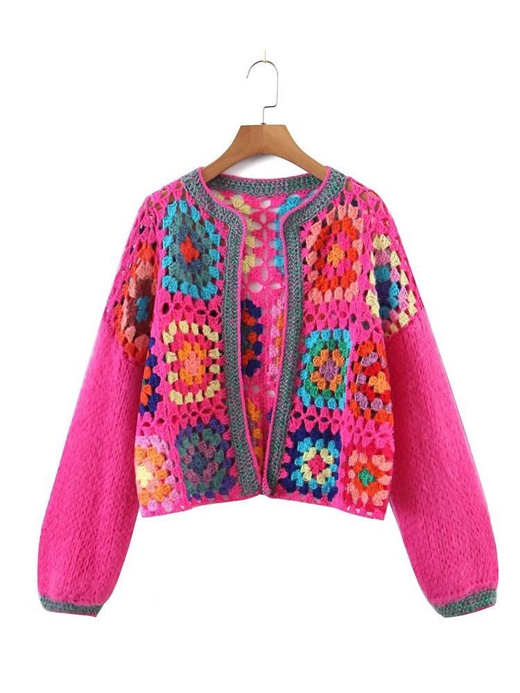 

YENKYE Women Rose Pink Plaid Flower Hand Crochet Boho Cardigan Vintage Long Sleeve Open Stitching Female Crop Sweater Knitwear