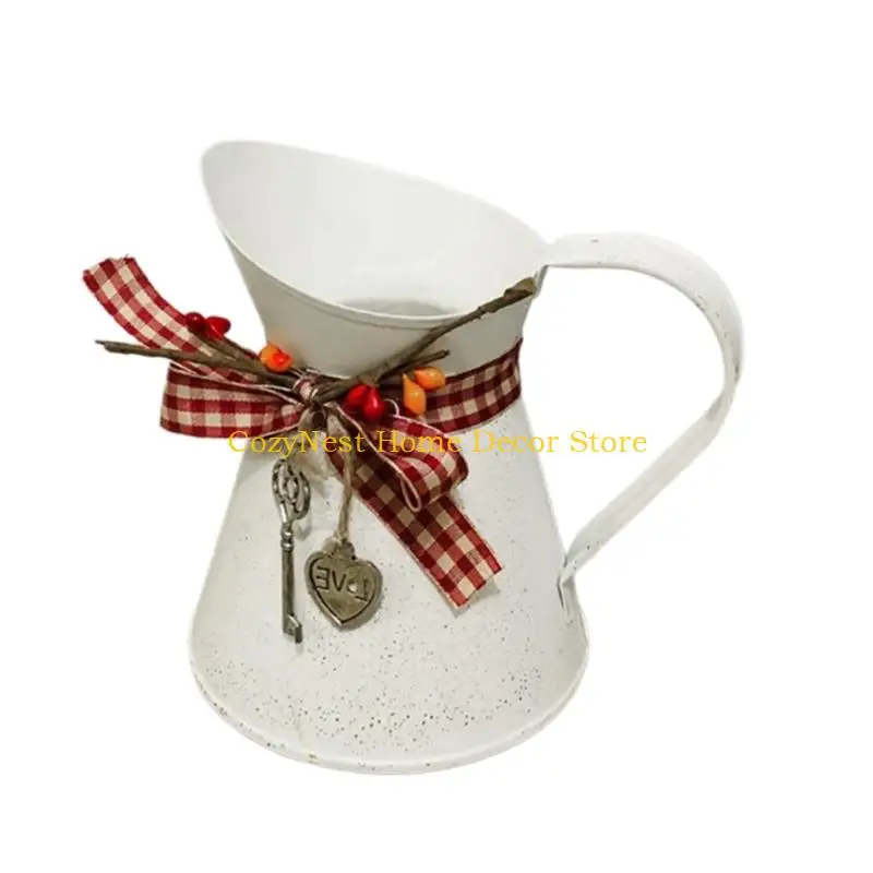 92MF Metal Containers for Synthetic Blooms, Aged Country-Styles Pitcher Piece in Galvanized Iron for Indoor Placement