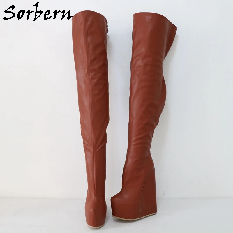 Sorbern 22Cm Brown Long Boots Women Wedge Heels Hidden Platform Winter Style Plush Lining Thigh High Boot Custom Leg Size Colors