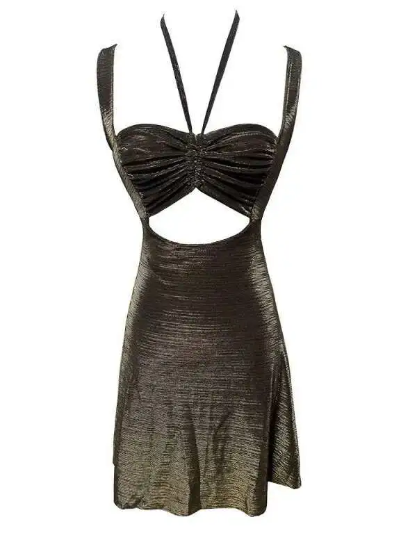 WOMENGAGA アーミーグリーン ブライトドレス スリム セクシー スパイシーガール 中空アウト ローチェスト ホルターネック ストラップ Aライン ショートドレス エレガント 1XSA