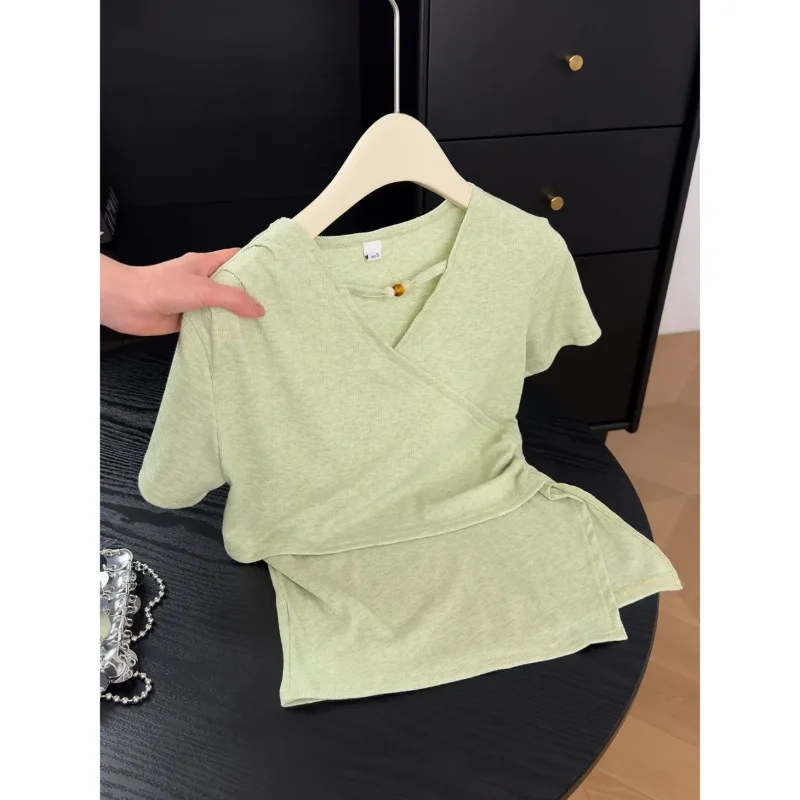 Summer Women Wrap V Neck Ribbed Short Sleeve T Shirt Irregular Hem Plus Size Slim Sports Top S-4XL