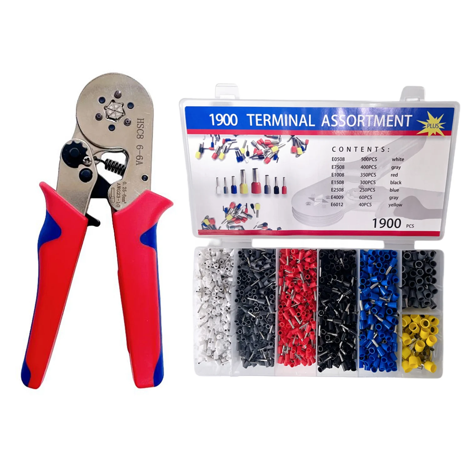 مجموعة أدوات المكشكش HSC8 6-6A مجموعة كماشة العقص ذاتية الضبط مع 1900 قطعة محطات الأسلاك المعزولة 0.25-6mm2 23-10 AWG أزرق