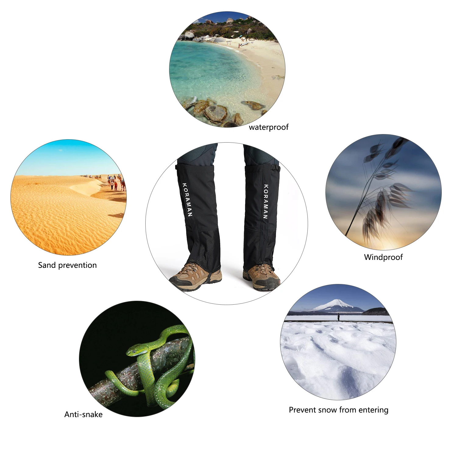 KORAMAN 600d Waterproof Anti-Tear Nylon Women Men Snow Boot Leg Gaiters, Breathable Leg Covers for Hiking Hunting Climbing Fishi