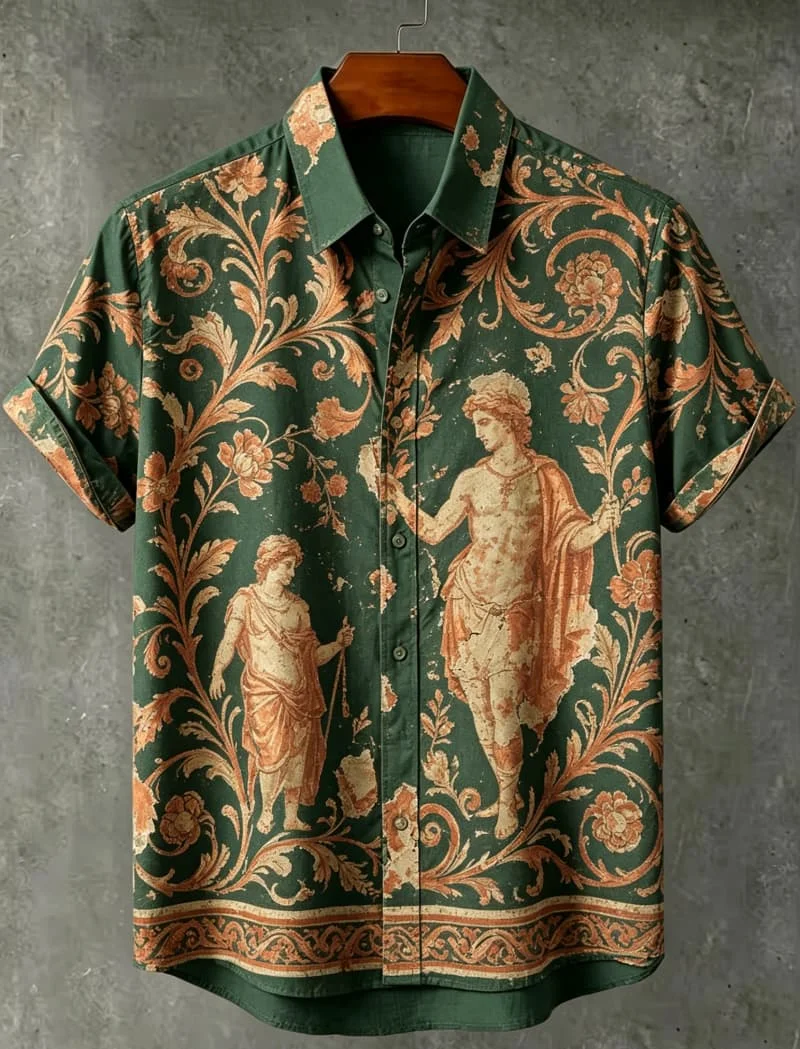 

Men's Classical Civilization Printed Short Sleeved shirt, Suitable For Attending Classical Banquets And Daily Casual Gatherings