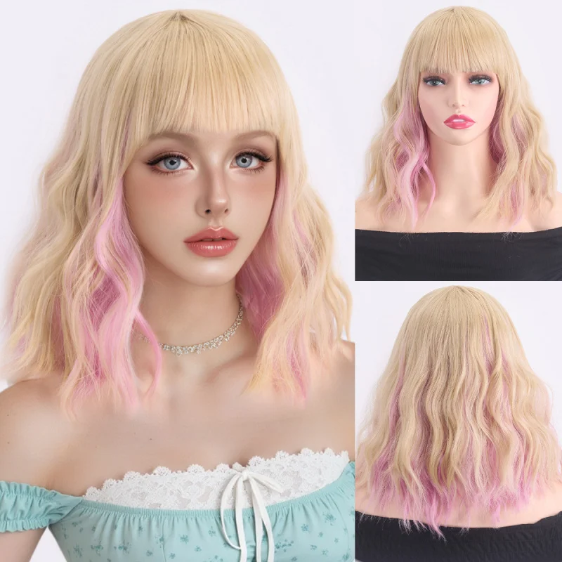 Korean and Japanese style women's wavy medium-long curly hair wig made of high-temperature fiber Blue Wigs