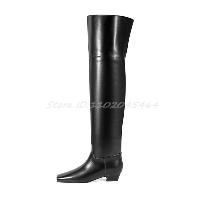 2024 New Women's Black Leather Low Heels Over Knee High Boots Square Toe Soft Thigh High Boot Luxury Designer Causal Dress Shoes