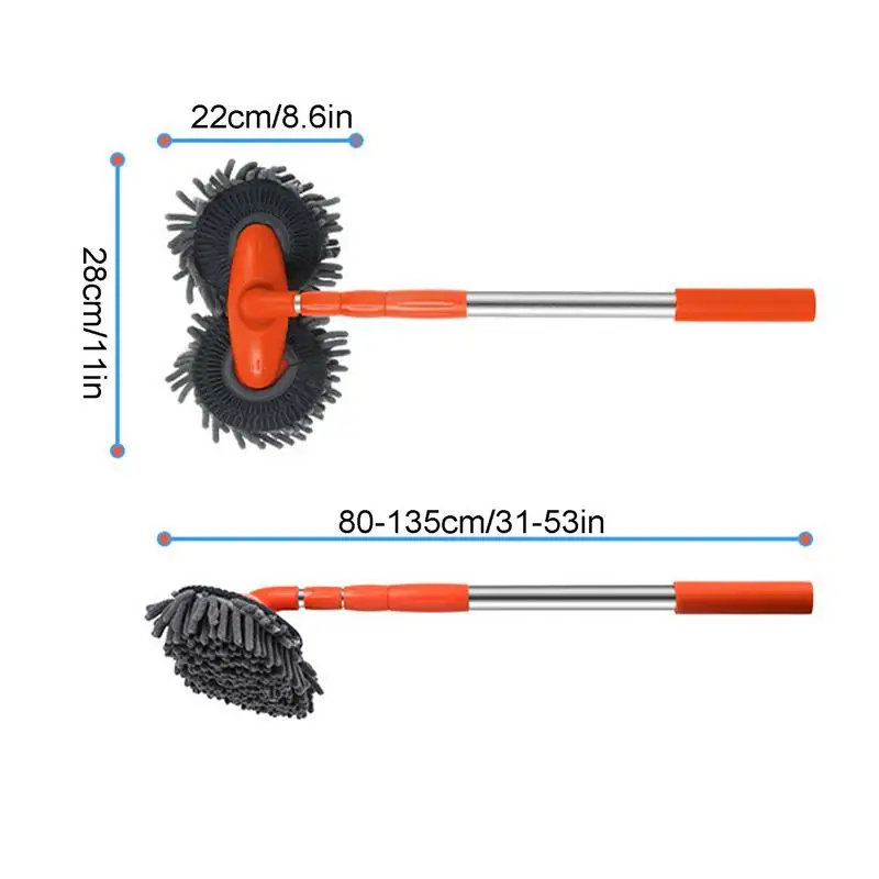 Cepillo de lavado de coche de doble cabeza, manopla de fregona de lavado de coche con longitud ajustable, mango largo y cabezal de limpieza giratorio 360, telescópico para coche