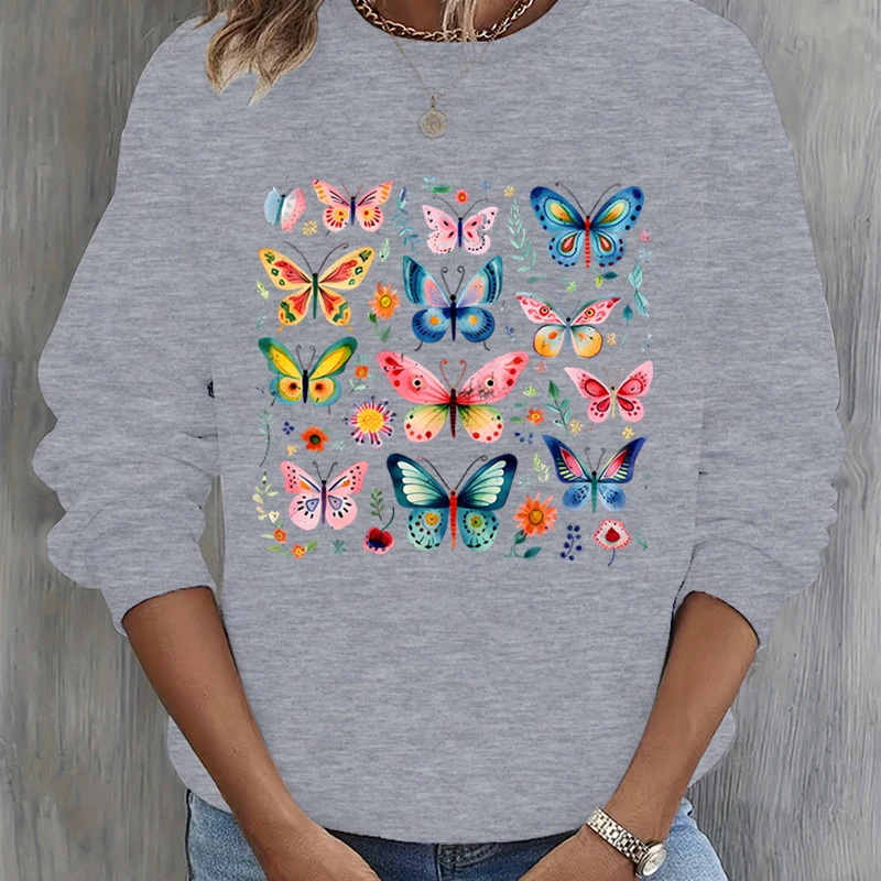 Colorful Butterfly Vintage Design Women Sweatshirt Beautiful Flower Butterfly Graphic Casual Sweatshirt Butterflies Print Hoodie