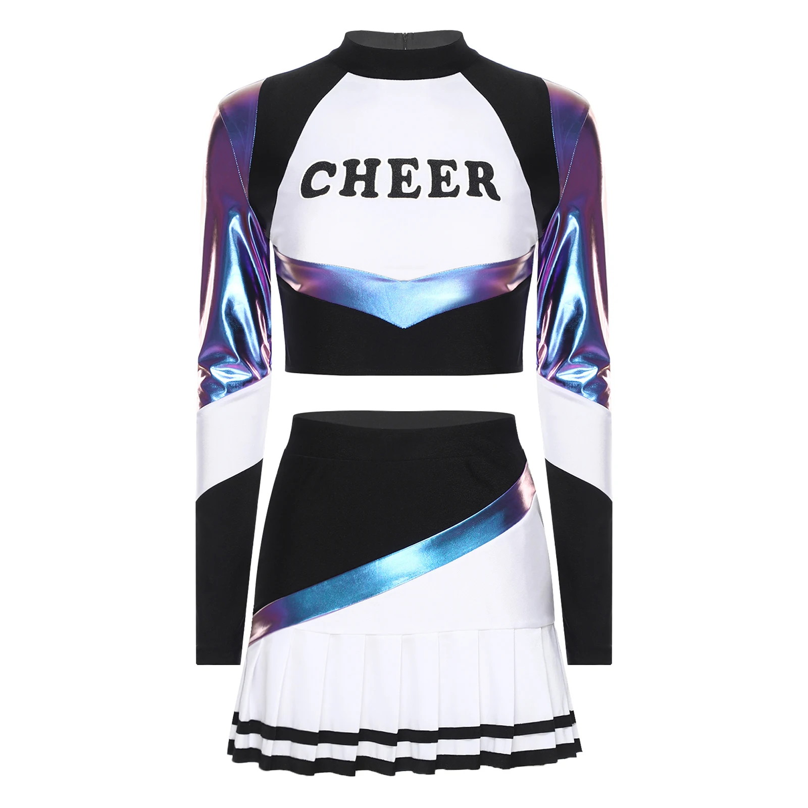 

Women Cheerleading Uniform Cheer Leader Dancewear Set Long Sleeve Crop Top and Pleated Miniskirt for Halloween Match Performance