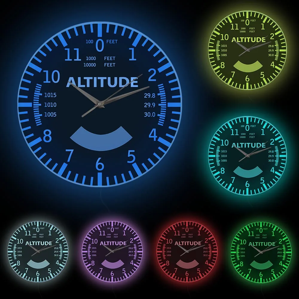 Airplane Altimeter LED Lighting Wall Clock For Aviator Bedroom Aircraft Altitude Night Light Wall Clock Glow in Dark Pilot Gift