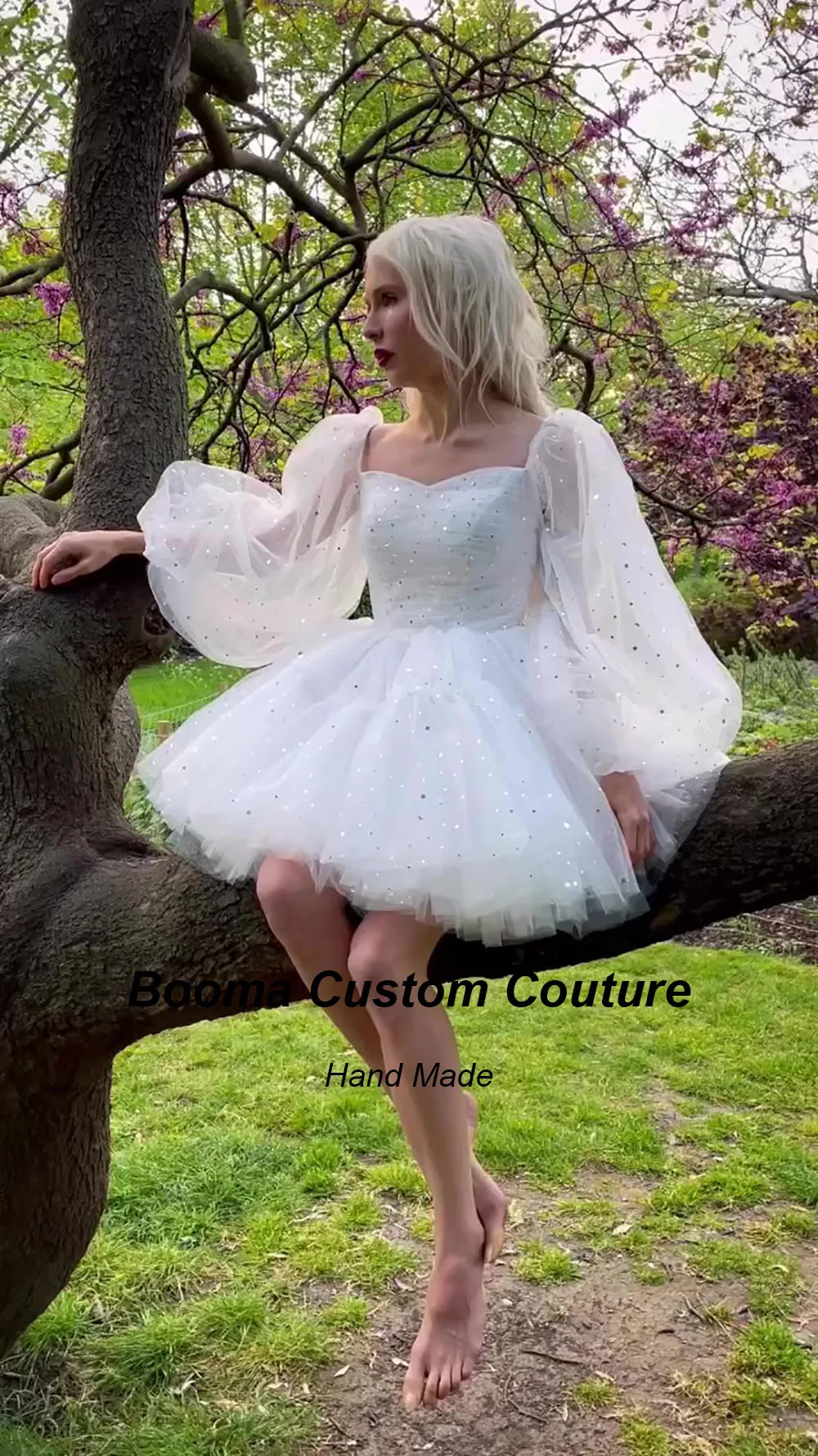 Booma White Starry Tulle Mini Prom Dresses Long Puff Sleeves Ball Gowns Glitter Evening Dresses Party Homecoming Cocktail Dress