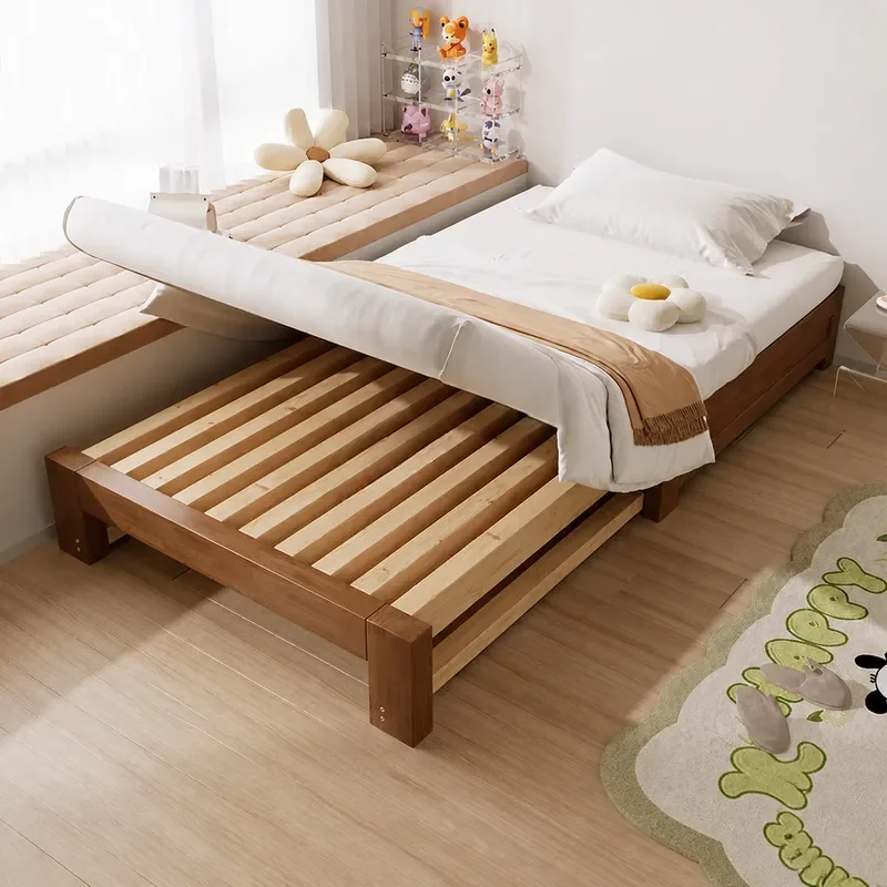 Solid Wood Rubber Wood Sofa Bed for Small Apartment Living Room Tatami Pull Out Bed Retractable Single Bed for Household