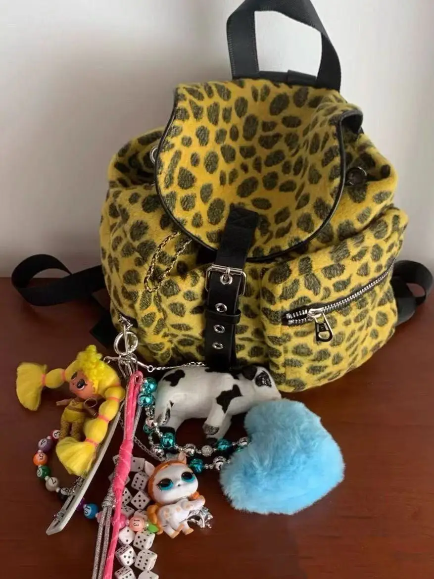 Autumn Winter Yellow Woolen Leopard Print Double Shoulder Bag Flip Cover Book Bag Versatile Lazy Style Carry on Bag Korean St...