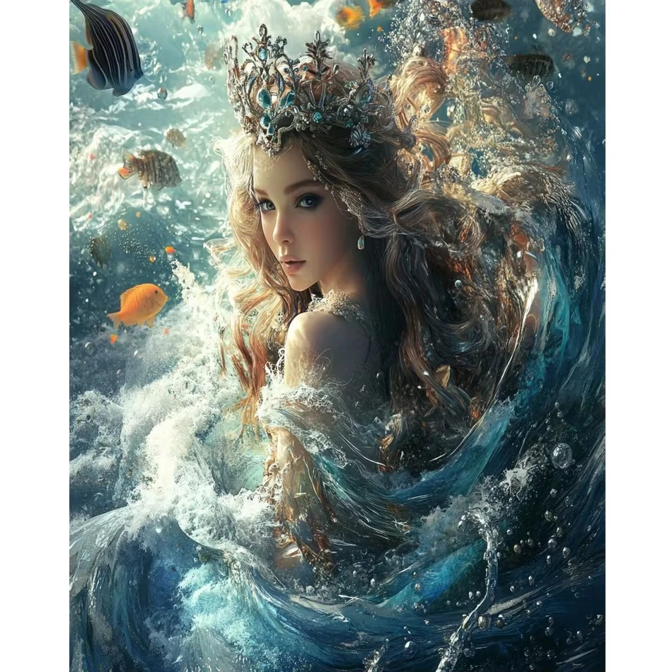 Underwater Crystal Crown Mermaid Queen Tropical Fish Diamond Painting, Living Room Bedroom Wall Decor DIY Handmade Craft Gift