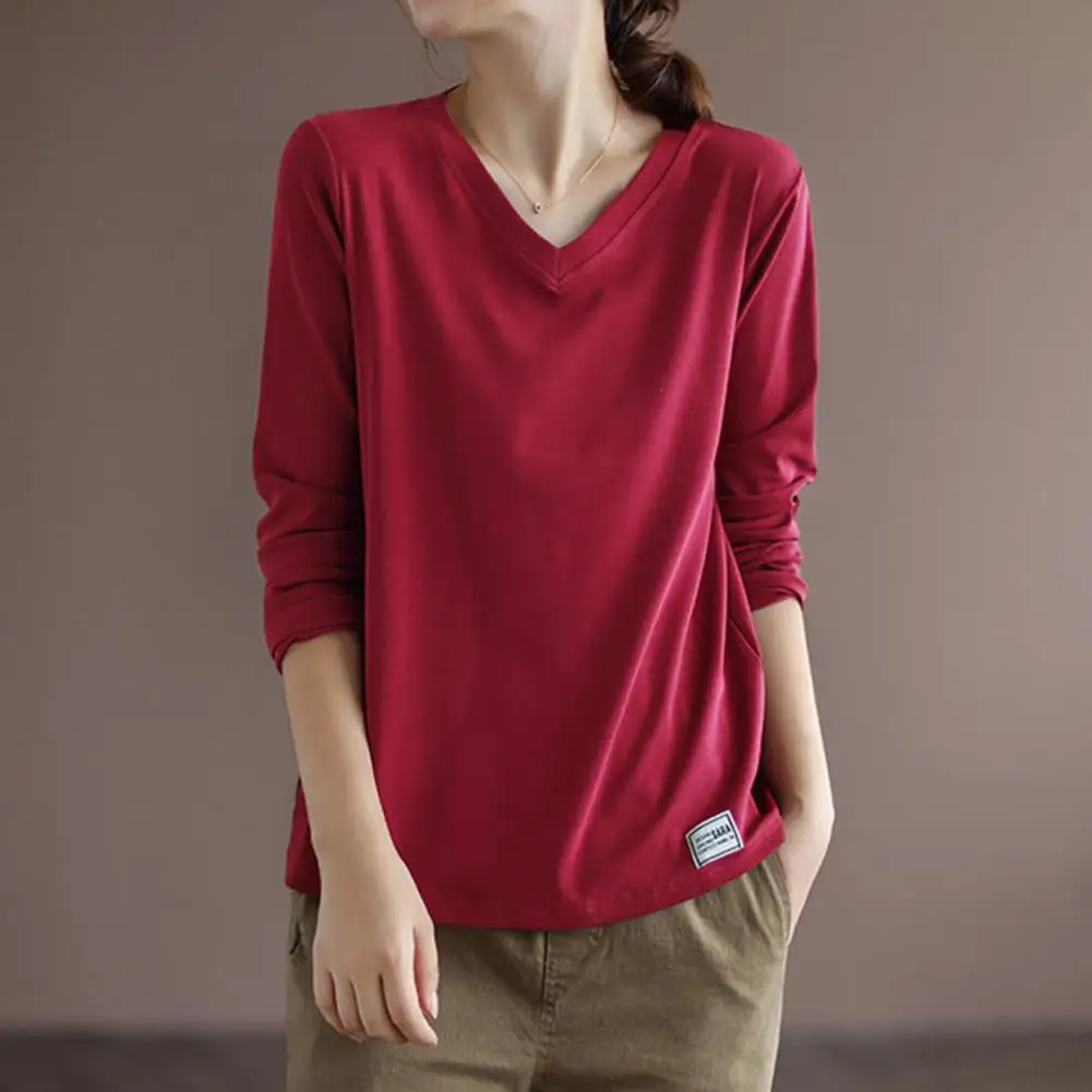 

Bottoming Blouse Autumn Winter V-neck Solid Color Long Sleeve T-shirt Loose Slim Bottom Shirt Basic Top ure Color Women Jumper