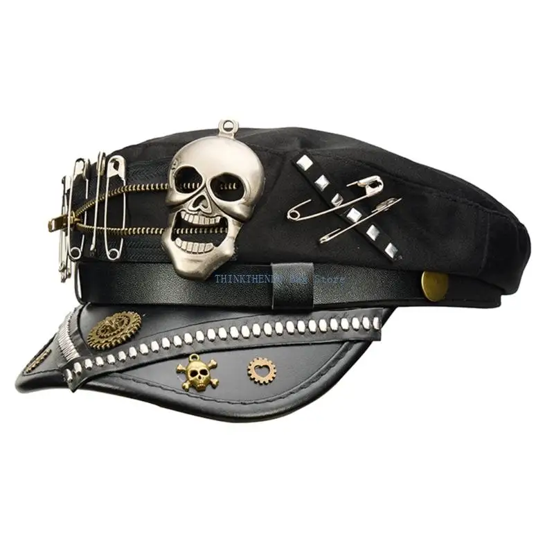 340D Street Fashion Newsboys Hat With Punk Metal Chain Decors Cool Headwear Fashion Accessory for Theme Event Music Festival