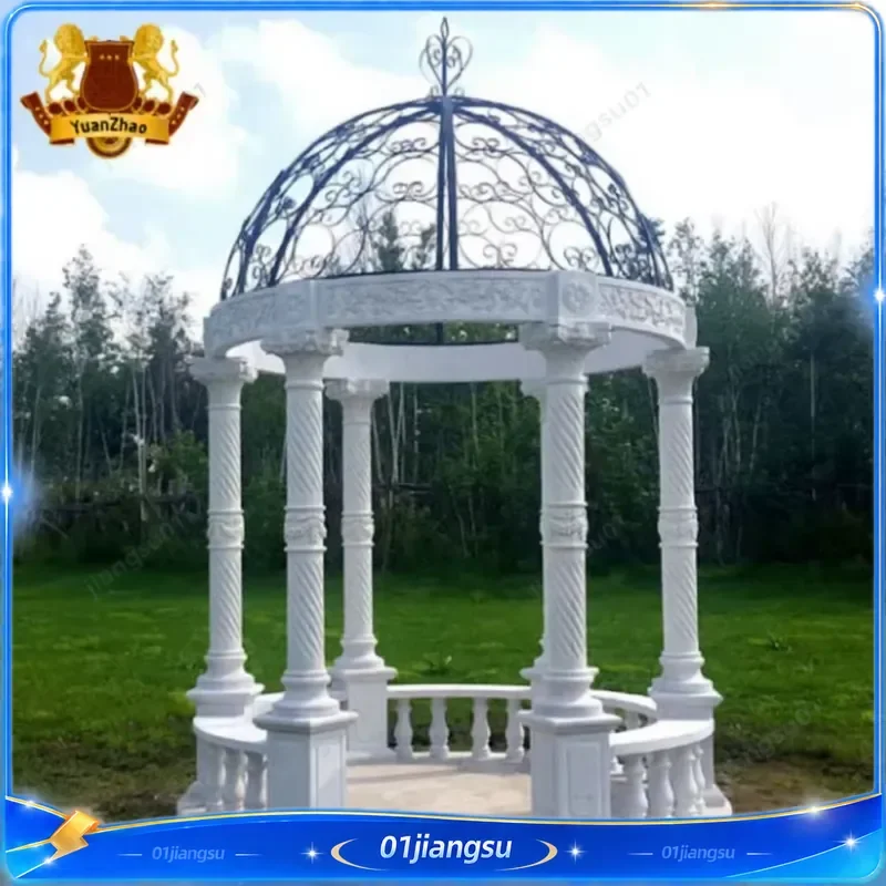 Luxury Round Marble Gazebo Outdoor Garden Decoration Iron Top Pavilion Wood Stone Frame Pergola Arch Arbour Patio Yard Decor