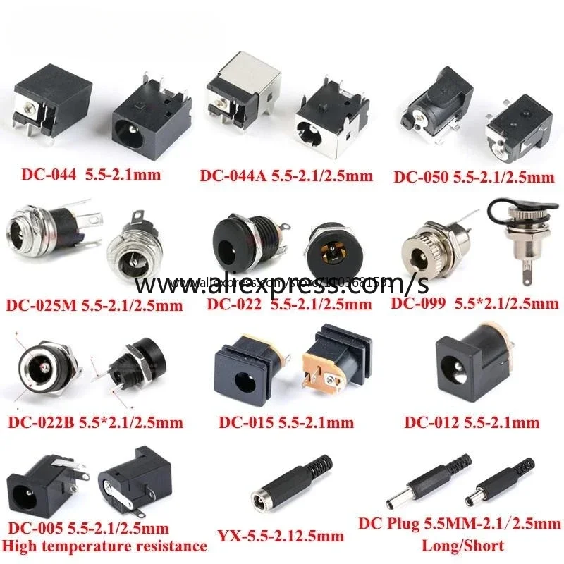 10PCS DC Power Jack Socket DC-044  5.5*2.1mm 5.5*2.5mm Male Female Connector DC-050 Screw Nut Panel Mount Soldering Waterproof