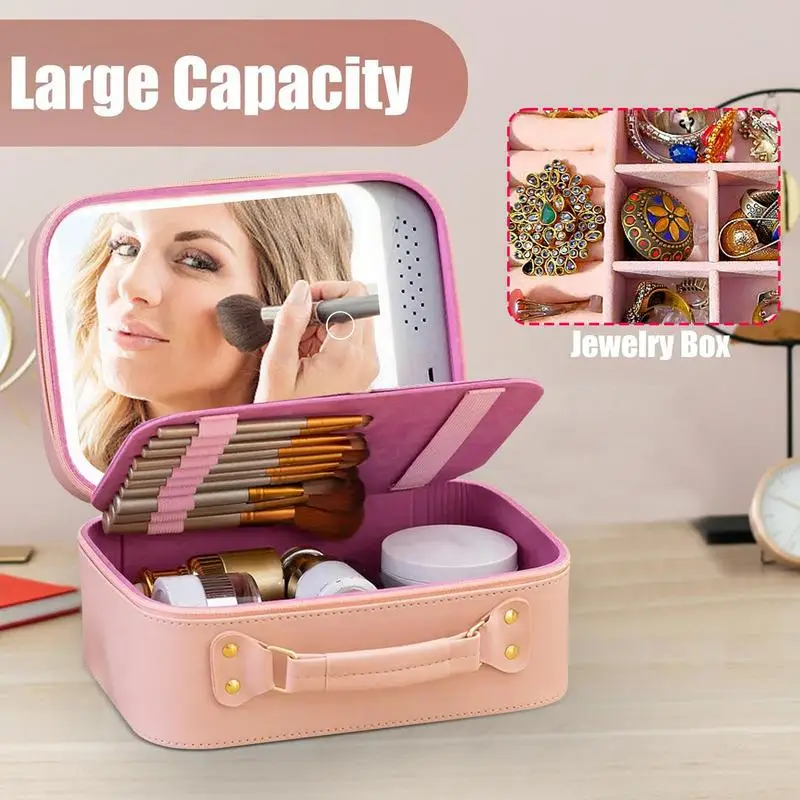 Waterproof large capacity cosmetic bag with LED mirror, makeup box, PU leather partition storage