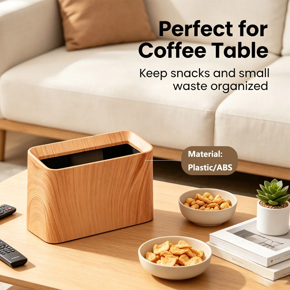 Wood Grain Desktop 4L Capacity Trash Can NO Lid Garbage Waste Bin Organizer Bedroom Office Desk Storage Box Plastic Material