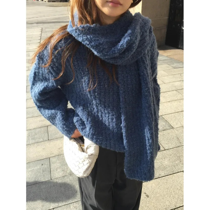 

Осенне-зимний вязаный свитер V-Ne, мягкий уютный женский топ, шарф, комплект из двух предметов, длинный цвет све