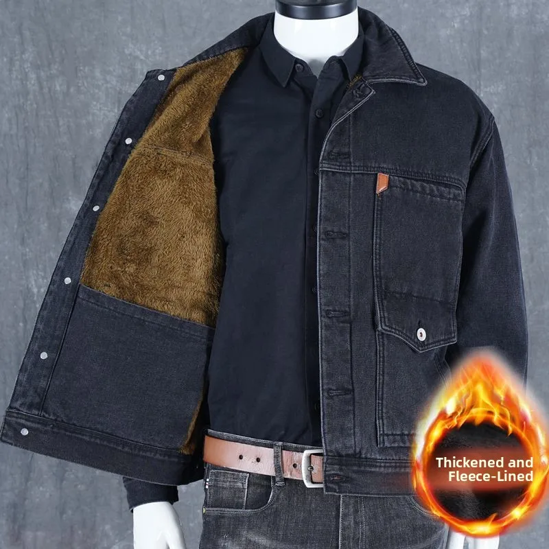 

Мужская джинсовая куртка на подкладке Thiened Fce, уличная зимняя молодежная джинсовая куртка большого размера, теплая и износостойкая