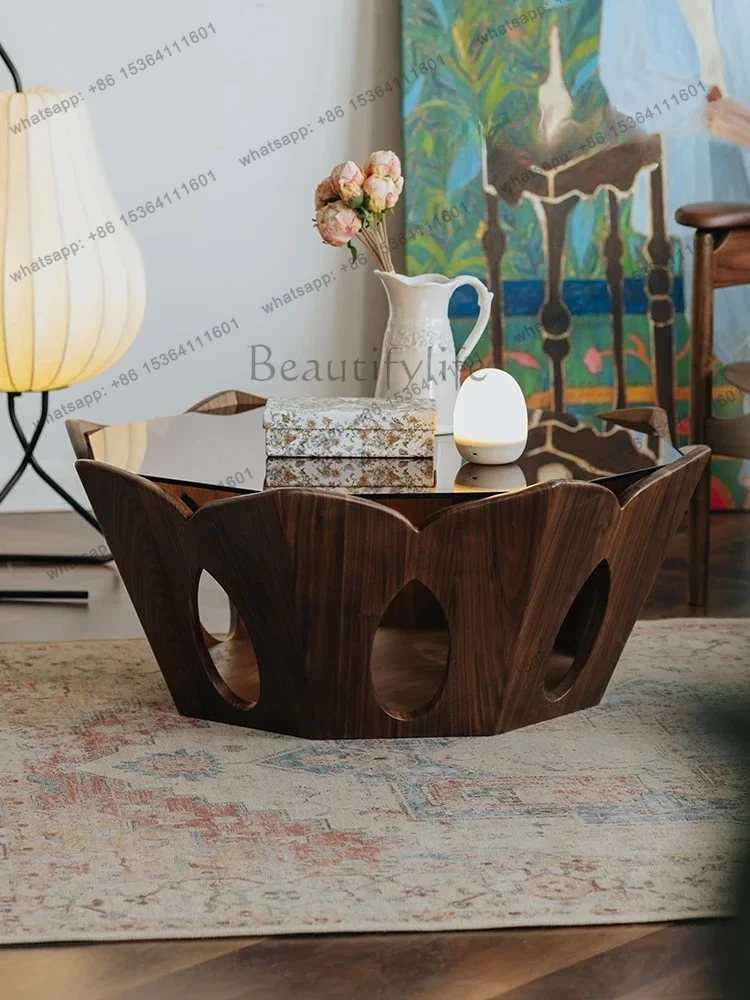

Creative Nordic retro lotus coffee table living room black walnut all solid wood modern simple small apartment household