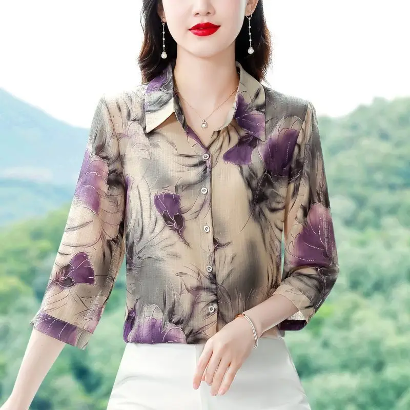 Women\'s Clothing Vintage Floral Print Button Shirt Spring Summer Elegant Fashion Blouse 3/4 Sleeve Loose Tops Office Lady Blusas