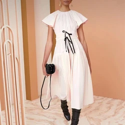 Women Pleated Midi Dress Flying Sleeve Elastic Waist Pure Color lady dress
