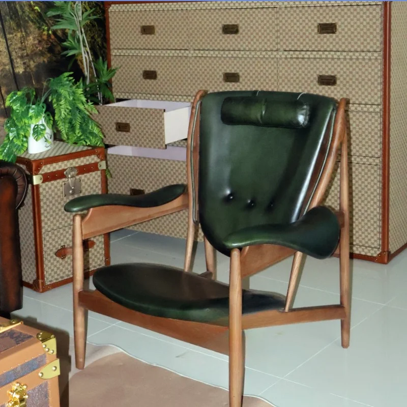 Solid wood chief chair green retro leather sofa chair top layer cowhide living room leisure chair Nordic