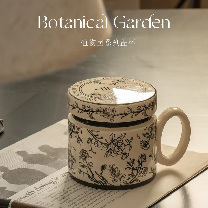 Botanical Garden Korean style dust proof milk breakfast cup Office mugs Couples cup Ceramic coffee cup with lid water mugs